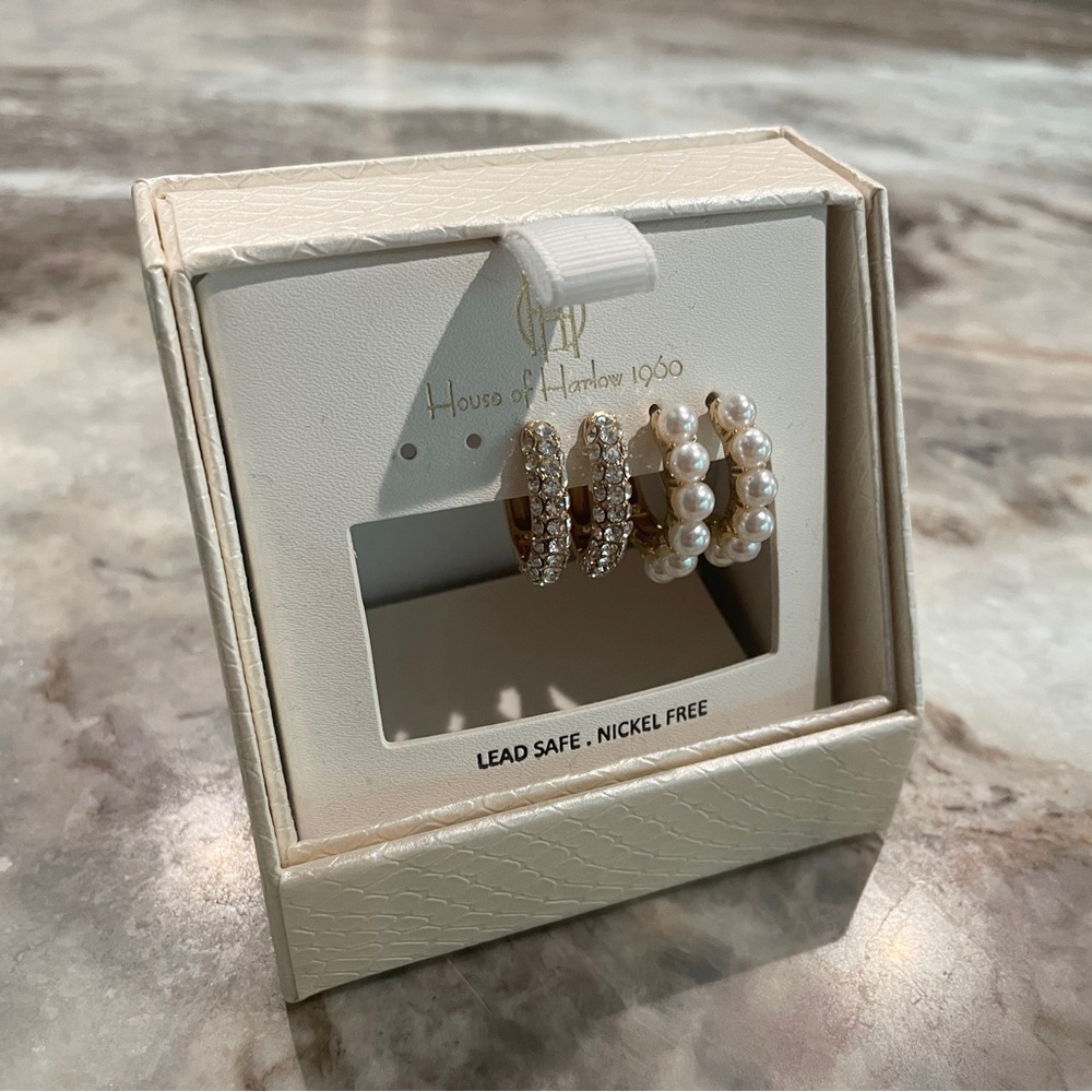 House of Harlow 1960 Pearl and Rhinestone Huggies Small Hoop Earrings Set in Box